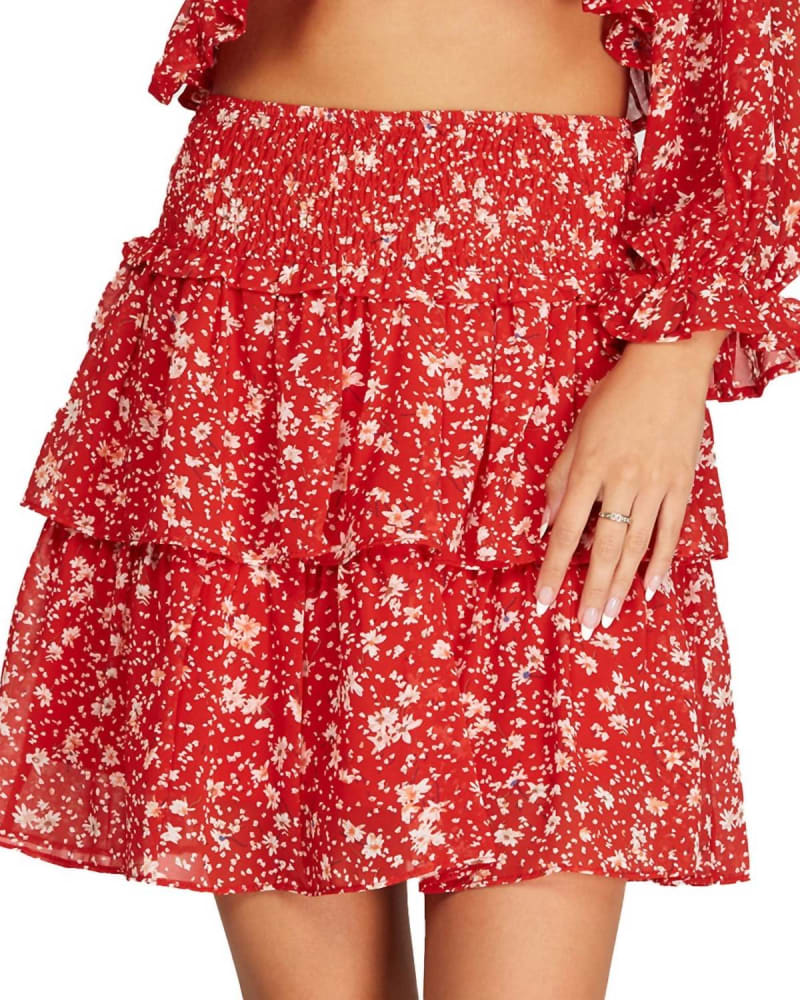 Front of a model wearing a size L Smocked Waist Floral Skirt In Red in Red by SHE + SKY. | dia_product_style_image_id:358035